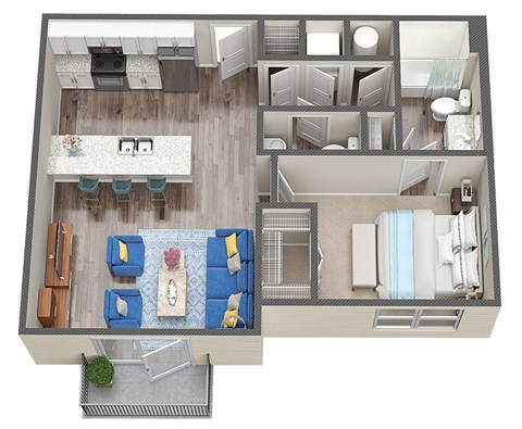 Floor plan for 1 bed, 1.5 baths, 679 sqft